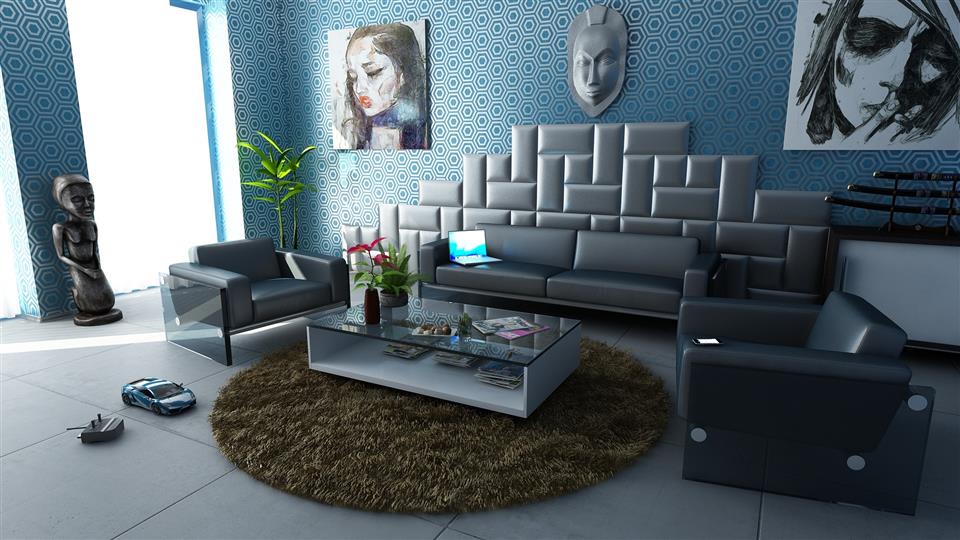 Modern, szürke bőr kanapé a nappaliban