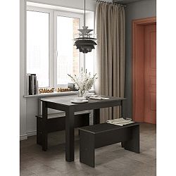 Nice fekete étkezőasztal beton dekor asztallappal és 2 ülőpaddal - Symbiosis