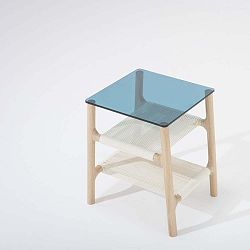 Fawn kisasztal tömör tölgyfa szerkezettel és petróleumszínű asztallappal - Gazzda