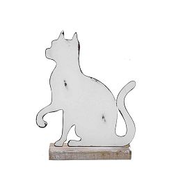 Nagyméretű, fehér, macska formájú dekoráció fémből, fa talpazattal, 19,5 x 25 cm - Ego Dekor
