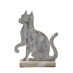 Nagyméretű, szürke, macska formájú dekoráció fémből, fa talpazattal, 19,5 x 25 cm - Ego Dekor