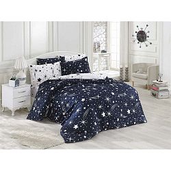 Starry Night sötétkék ágyneműhuzat-garnitúra lepedővel egyszemélyes ágyhoz, 160 x 220 cm